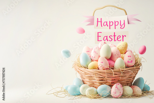 Easter background with eggs and the inscription Happy Easter. Easter greeting card