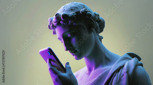 Ancient Greek marble woman sculpture holds a phone in her hands and looks at the screen. Woman statue communicates on a social network using a cellphone.