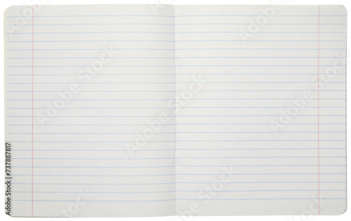 Lined notebook paper or classic Exercise book isolated on a white background. Top view.