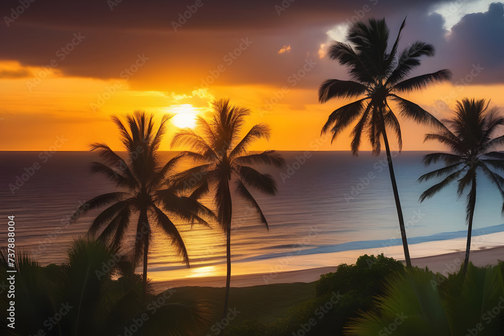 Sunset Over Beach With Palm Trees