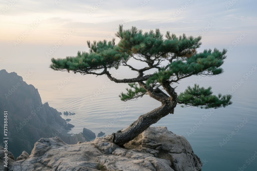 A tree standing proudly on a cliff's edge, overlooking expansive views of the sea and distant mountains. A tree standing proudly on a cliff's edge, overlooking expansive views of the sea and distant mountains.