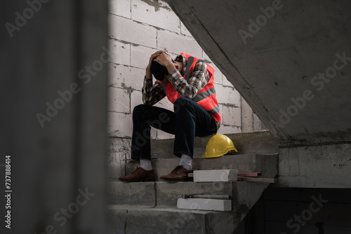 Young Asian male construction worker staff feeling sad and upset while sitting on the floor of the building construction site due to been fired from job cause by company bankruptcy economic recession. photo