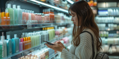 A young woman buys groceries in a supermarket, browsing the shelves using a smartphone in search of fresh food and household goods.