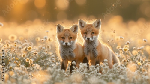 Playful Red Fox Kits in a Meadow: Adorable red fox kits frolicking in a sunlit meadow, capturing a heartwarming and playful moment