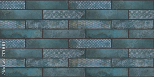 Blue brick subway tiles wall texture wide background, seamless pattern