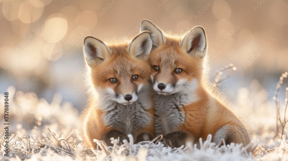 Playful Red Fox Kits in a Meadow: Adorable red fox kits frolicking in a sunlit meadow, capturing a heartwarming and playful moment Playful Red Fox Kits in a Meadow: Adorable red fox kits frolicking in a sunlit meadow, capturing a heartwarming and playful moment