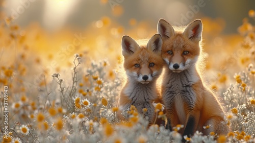 Playful Red Fox Kits in a Meadow: Adorable red fox kits frolicking in a sunlit meadow, capturing a heartwarming and playful moment photo
