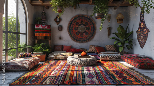 Bohemian-style lounge area with layered rugs and vibrant textiles. 