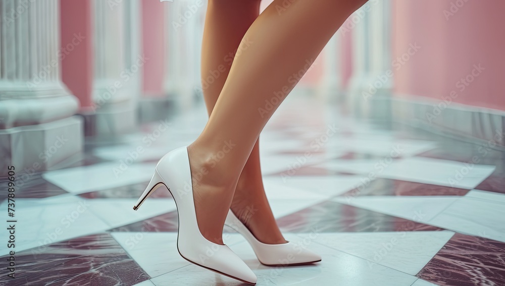 A pair of women's feet in elegant and luxurious white high-heeled shoes