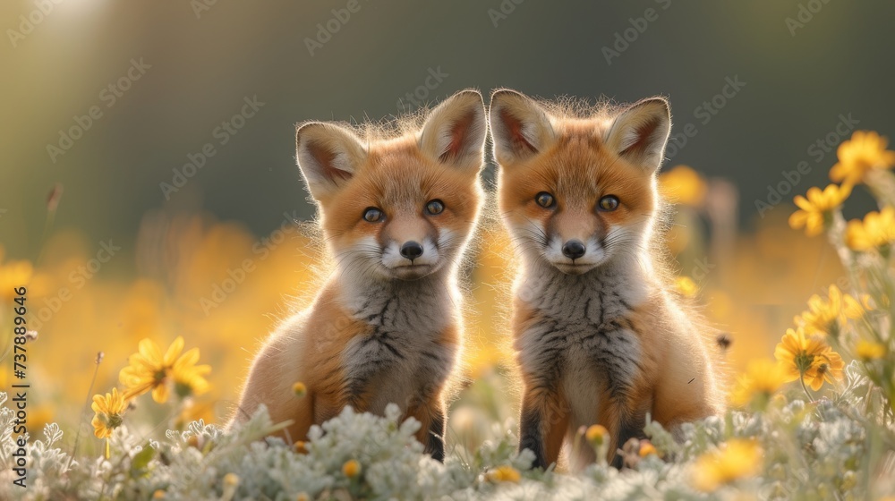 Playful Red Fox Kits in a Meadow: Adorable red fox kits frolicking in a sunlit meadow, capturing a heartwarming and playful moment Playful Red Fox Kits in a Meadow: Adorable red fox kits frolicking in a sunlit meadow, capturing a heartwarming and playful moment