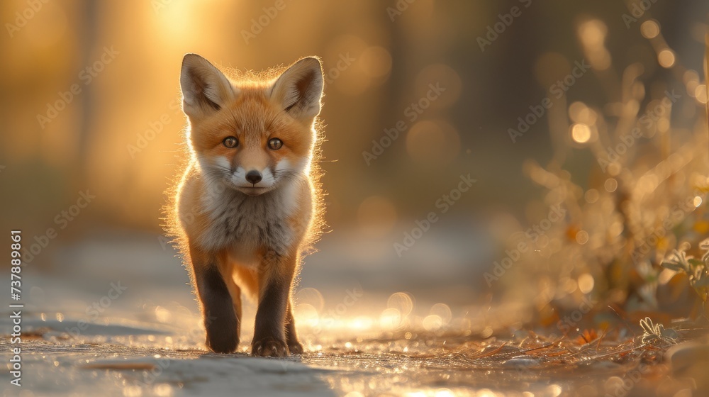 Naklejka premium Playful Red Fox Kits in a Meadow: Adorable red fox kits frolicking in a sunlit meadow, capturing a heartwarming and playful moment