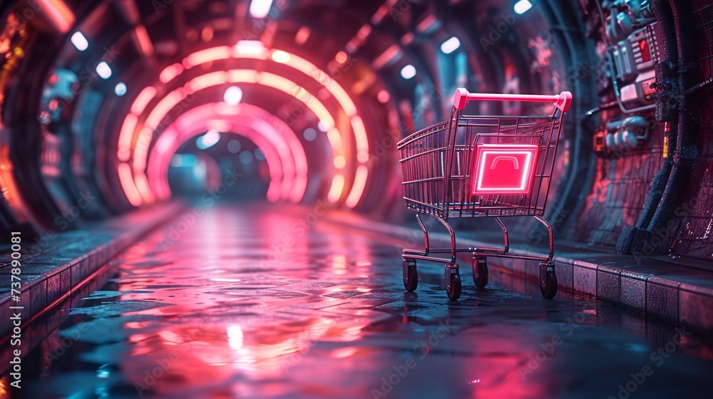 Neon Shopping Cart A Glowing Trolley in a Futuristic Mall Generative AI - obrazy, fototapety, plakaty 