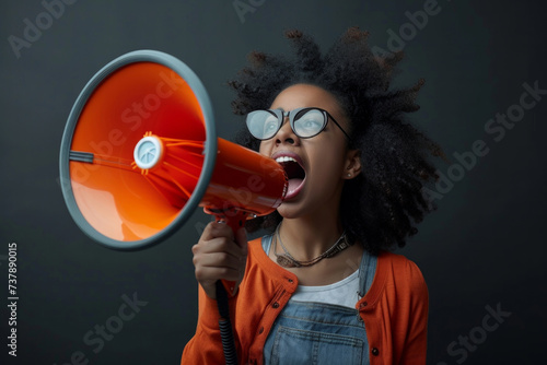 African-American girl screams into a loudspeaker. A call for attention. Appeal to people. Place for advertising, announcements, messages. On a dark background, a girl with an open mouth and a megaphon