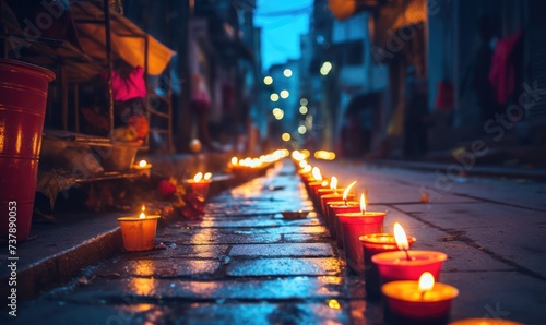 Lit Diya lamp on street at night. Night Street Illuminated by Lit Diya Lamps, festival of lights, Diwali holiday Background with rangoli photo