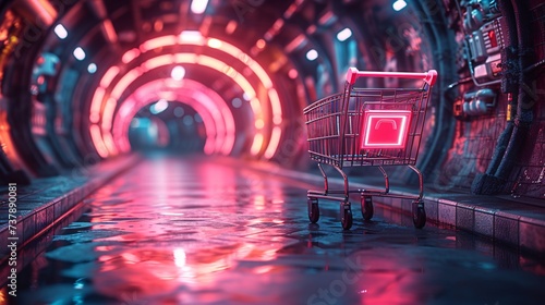 Neon Shopping Cart A Glowing Trolley in a Futuristic Mall Generative AI photo