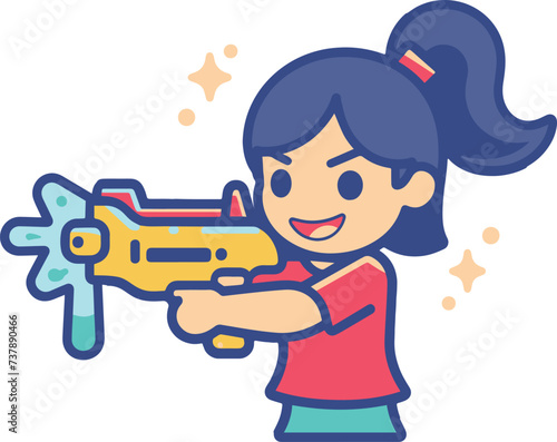Cheerful Girl Playing with a Water Gun on Transparent Background
