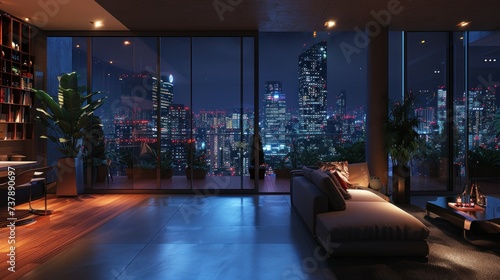 Loft contemporary interior apartments with city skyline and buildings city from glass window