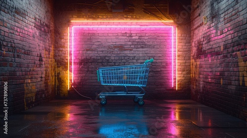 Neon Pink Brick Wall with a Shopping Cart Generative AI