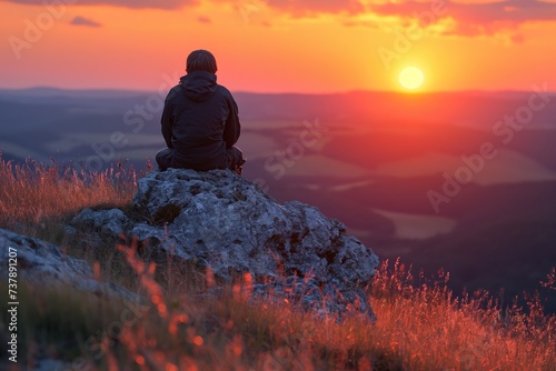 An individual perched on a mountaintop gazes as the sun sets below the horizon.