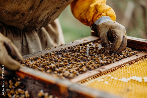 A professional beekeeper working on collecting honey from beehives