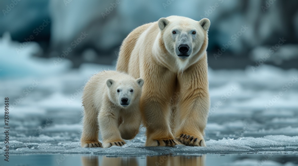 Polar Bear and Cub on Arctic Ice: A touching moment captured in the Arctic, featuring a polar bear and its cub navigating icy terrain.