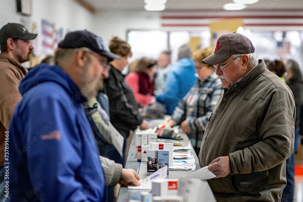 Obraz premium A diverse group of voters standing around a table, engaged in the process of voting on a classic voting machine during a presidential election in the USA.