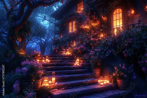 Fantasy Nighttime Staircase with Candles and Flowers Generative AI