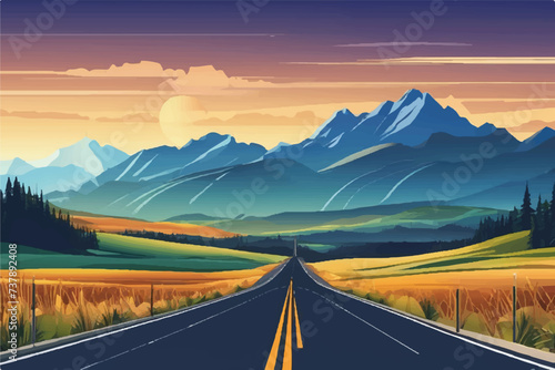 Road landscape View. Beautiful Landscape showing view of a road leading to city and hills. Landscape of a highway with mountains in the background. vacation trip. Vector Illustration.