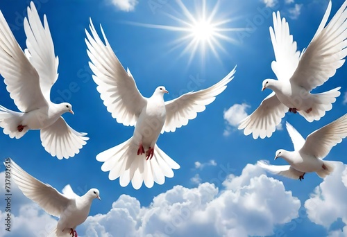 A flock of white doves flying in the sunlight photo