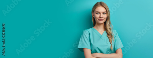 Banner of beautiful nurse in uniform on blue, turquoise background with copy space. Female healthcare worker in medical scrubs.
