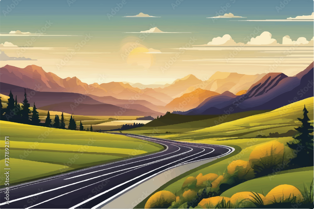 Road landscape View. Beautiful Landscape showing view of a road leading to city and hills. Landscape of a highway with mountains in the background. vacation trip. Vector Illustration.