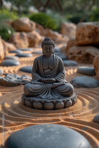 the tranquility of Zen gardens with a photo of a miniature rock garden featuring a Buddha statue amidst carefully arranged stones and raked sand, inspiring a sense of calm and balance