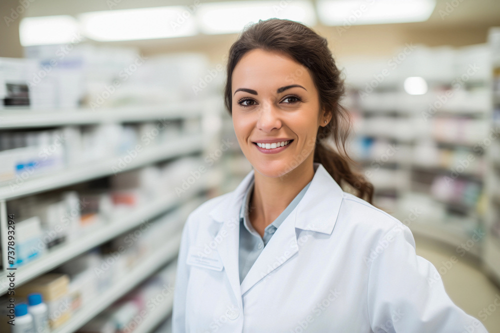 Portrait of a pharmacist in a pharmacy, standing between shelves of medications. Professionals working in drugstore or chemist's. 