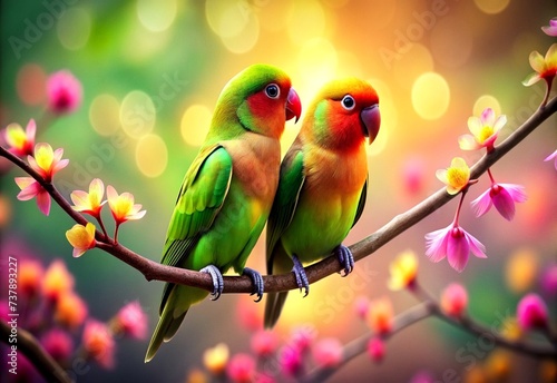 couple of parrots on a branch in bokeh background