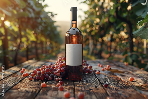 Close up of  wine bottle with a blank label on the wooden table