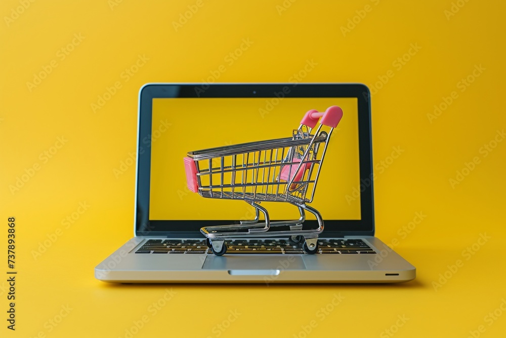 Shop-a-thon - A laptop with a shopping cart image on the screen, promoting online shopping and e-commerce. Generative AI