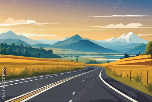 Beautiful Road landscape Background. Beautiful Landscape showing view of a road leading to city and hills. Landscape of a highway with mountains in the background. vacation trip. Vector Illustration.