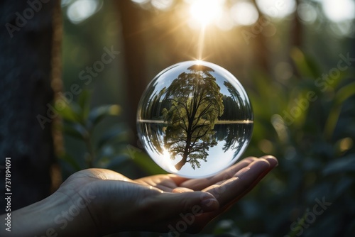 Earth crystal glass globe ball and tree in robot hand saving the environment  save a clean planet  ecology concept