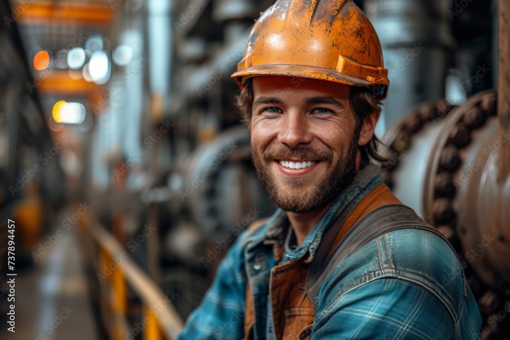 A cheerful and attractive industrial worker in a hardhat at a factory, overseeing operations. A cheerful and attractive industrial worker in a hardhat at a factory, overseeing operations.