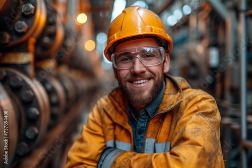 A smiling and professional engineer in a helmet and safety jacket at an industrial workplace.