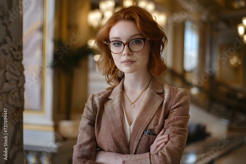 Elegant and confident baroqueinspired executive woman on a lavish business trip. Concept Business Travel, Baroque Inspired Fashion, Lavish Accommodations, Elegant Executive Woman photo