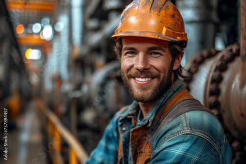 A cheerful and attractive industrial worker in a hardhat at a factory, overseeing operations.