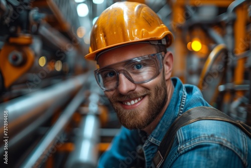 A positive and smiling industrial technician wearing a hard hat in a manufacturing environment.