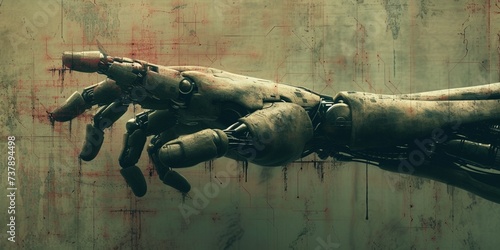 In a dark horror setting, a robotic hand blends with vintage art, evoking fear and danger.
