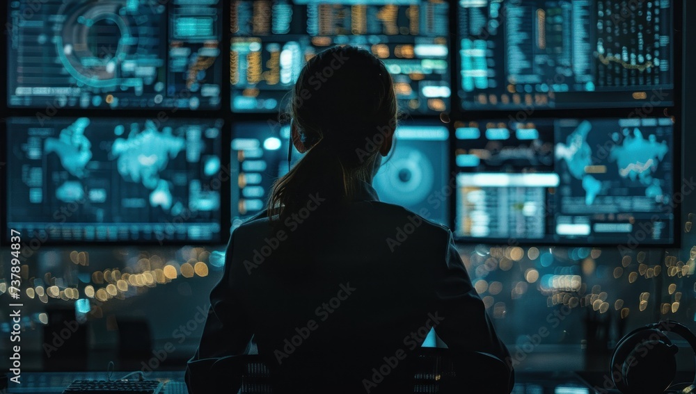 Woman sits engrossed before network of screens eyes reflecting intricate web of technology amidst dark room focus is unyielding navigates vast expanse of cyberspace Woman sits engrossed before network of screens eyes reflecting intricate web of technology amidst dark room focus is unyielding navigates vast expanse of cyberspace
