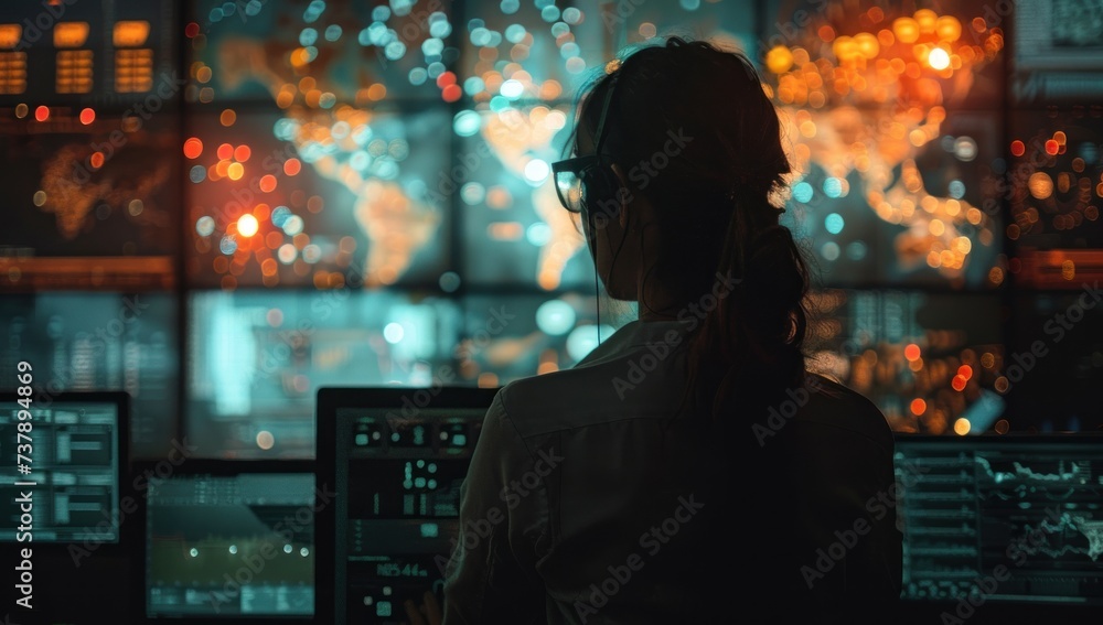 Woman sits engrossed before network of screens eyes reflecting intricate web of technology amidst dark room focus is unyielding navigates vast expanse of cyberspace Woman sits engrossed before network of screens eyes reflecting intricate web of technology amidst dark room focus is unyielding navigates vast expanse of cyberspace