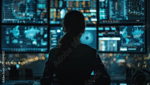 Woman sits engrossed before network of screens eyes reflecting intricate web of technology amidst dark room focus is unyielding navigates vast expanse of cyberspace © Wuttichai