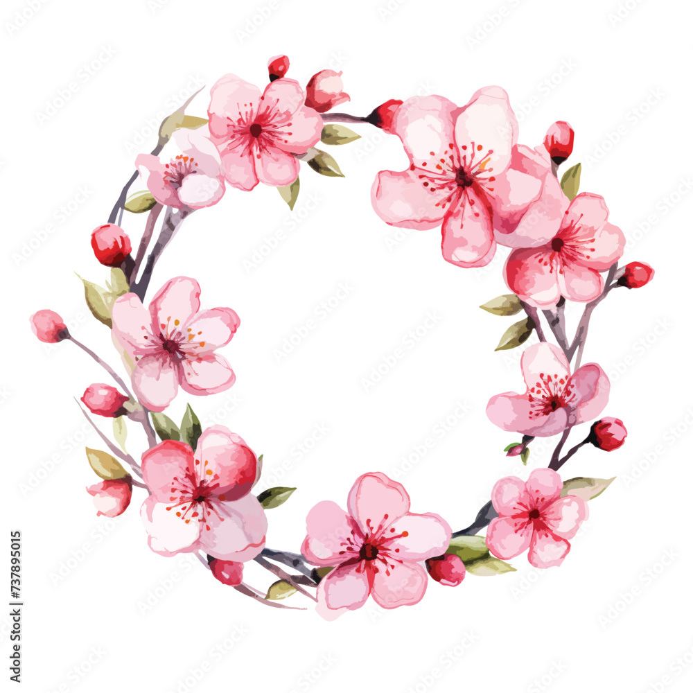 Watercolor round cherry blossom wreath vector illustration 