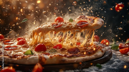 Hot pizza with melted cheese, featuring dynamic elements like flying vegetables, cheese.