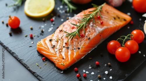 Delicious salmon with healthy food presented on a sleek black tabletop, copy space for text.